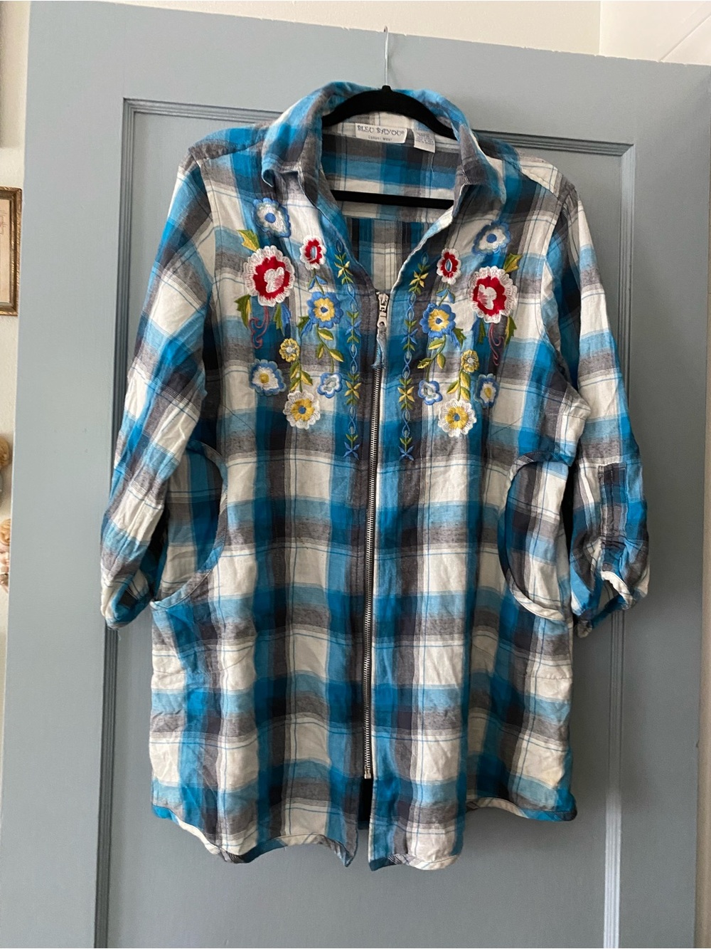 Bleu Bayou Embroidered Blue Plaid Zip-Front Women's Shirt Jacket